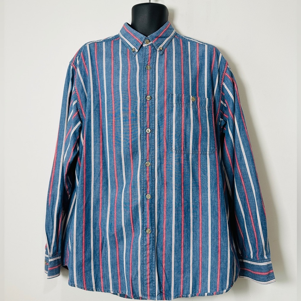 Vintage Blue Jean Color Vertical Stripe Button Down Shirt Size XL